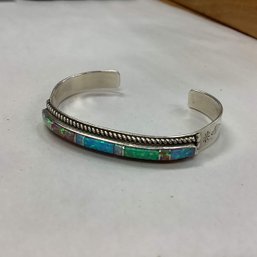 SOUTHWESTERN ZUNI SIGNED 'J' OPAL INLAY CUFF BRACELET STERLING 14.59 GRAMS