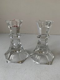 PAIR OF CLEAR GLASS CANDLESTICK HOLDERS    5'H