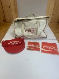 COCA COLA LOT PATCHES, VISOR, AND CARRY BAG