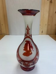 RED FROSTED HAND BLOWN VASE
