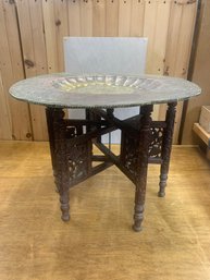 BEAUTIFUL BRASS TOP TRAY TABLE CARVED WOOD BOTTOM