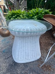 SMALL GLASS TOP WICKER TABLE