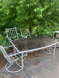 GLASS TOP PATIO TABLE WITH 2 SWIVEL CHAIRS 2 REG.