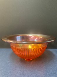 1940S FEDERAL GLASS MARIGOLD CARNIVAL GLASS RIBBED MIXING BOWL W/ ROLLED RIM  10'W