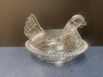 VINTAGE INDIANA GLASS CLEAR HEN ON NEST TRINKET DISH  7'W X 5.25'H