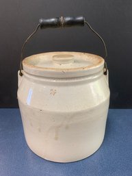 STONEWARE CROCK W/ WOOD HANDLE AND COVER  7.5'H
