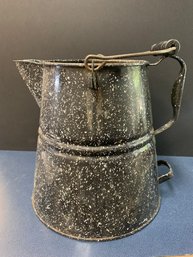 VINTAGE BLACK SPECKLED GRANITEWARE COFFEE BOILER   10.5'H