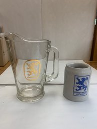 LOWENBRAU GLASS PITCHER WITH LOWENBRAU STONEWARE CUP
