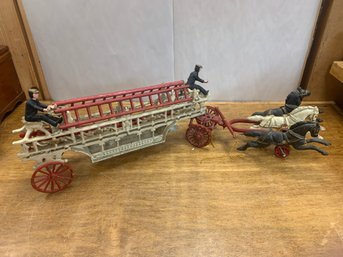 CAST IRON HORSE DRAWN HOOK AND LADDER FIRE TRUCK  32'L