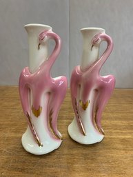 RARE MID-CENTURY PINK FLAMINGO VASES WITH GOLD TRIM