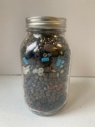 JAR FULL OF BEADS INCLUDING CLAY BEADS, ETC,  7'H