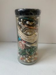 JAR FULL OF COSTUME JEWELRY ,  9'H