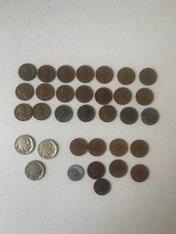MISC. LOT OF COINS , WHEAT, BUFFALO, FOREIGN