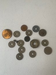 LOT OF VINTAGE FOREIGN COINS W/ CENTRAL HOLE