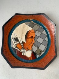 VINTAGE HANDPAINTED WOODEN FOLK ART PIECE SIGNED BY PAUL FOUILLEN OF QUIMPER FRANCE  9.75' X9.75'