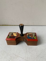 1940S DUAL COMPARTMENT SIGNED CONTAINER FEATURING HANDPAINTED AND PYROGRAPHED BRETON FOLK ART FIGURES