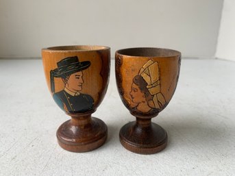 VINTAGE WOODEN EGG CUPS, HANDPAINTED FRENCH FOLK ART, TURNED WOOD