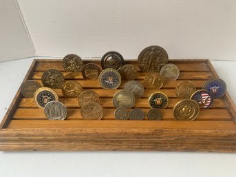 COLLECTION OF MILITARY CHALLENGE COINS AND RACK, ETC.
