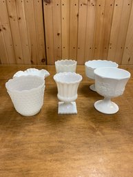 MILK GLASS LOT CANDY DISHES AND VASE