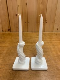 MILK GLASS CANDLE HOLDERS WITH CANDLES