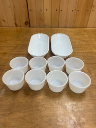 MILK GLASS CELERY DISHES AND CUSTARD CUPS
