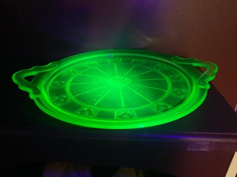 URANIUM GLASS DOUBLE HANDLED CAKE PLATE, JEANNETTE GLASS
