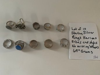 LOT OF 10 STERLING SILVER RINGS-- 69 GRAMS