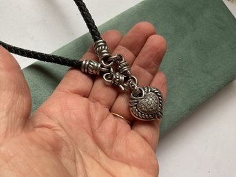 Judith Ripka Sterling Heart Pendant On Braided Leather