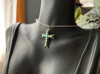ZUNI Navajo Signed Sterling Silver Opal Cross Pendant Necklace Southwestern