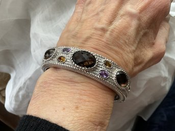 JUDITH RIPKA Textured Sterling Silver Crystal Cuff Bracelet 83 Grams