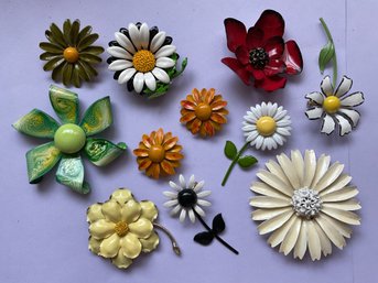 Large Lot Of Vintage Floral Enamel Brooches And 1 Pair Earrings 10 Pieces