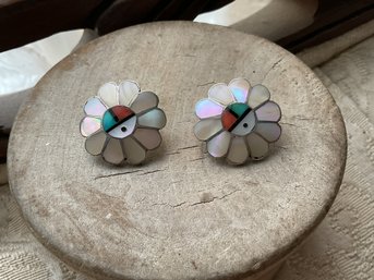 ZUNI Sun Face Inlay Pierced Sterling Silver Earrings Mother Of Pearl Turquoise Coral