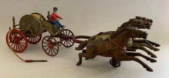 24' Long Cast Iron 3 Horse-drawn Fire Reel Cart With Driver & Hose/nozzle