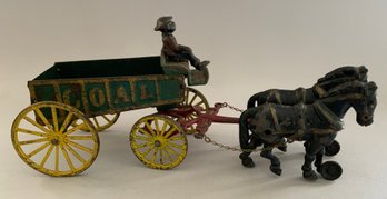 17' Long Cast Iron/metal Green Paint 2 Horse Drawn Coal Cart With Driver & Two Black Horses