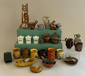 Lot Of Assorted Doll Miniatures, Early Stoneware, Tin Ware, Flax Wheel, Etc.