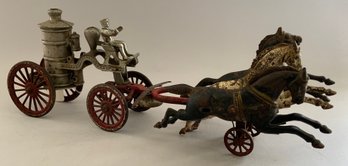 21 ½' Painted & Nickel Plate Cast Iron Fire Pumper With 3 Horses, Driver, Probably Hubley