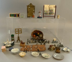 Lot Of Doll House Miniatures, Sterling Tea Sets, China, Etc.
