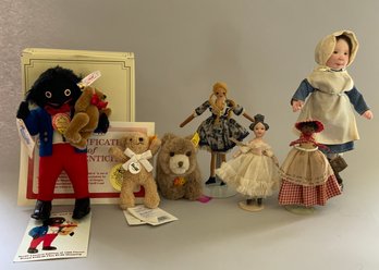 Tray Lot Of 3 Small Steiff Animals, Dianne Dangel Doll, And 3 Small Artist Dolls