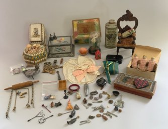 Tray Lot Of Assorted Early Doll Miniatures, Accessories, Boxes, Furniture, Etc.