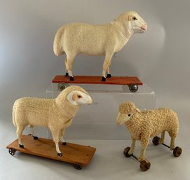 3  Flocked Sheep/lamb On Wheels, 8 & 10 Long