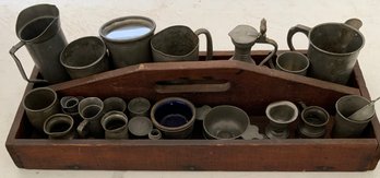 25 Pieces 19th C Pewter In Wood Carrier, Tankard, Syrup, Measures, Etc.