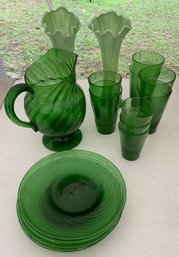 14 Pieces Of Blown Green Glass, Vases, Pitcher (damaged), Plates, Glasses, (pontiled) Etc.
