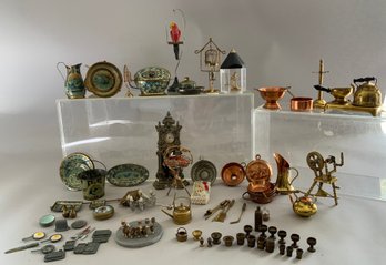 Lot Of Metal & Tin Doll House Miniatures, Wash Set, Copper Items, Brass Items, Etc.