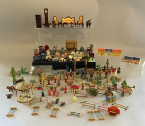 Lot Of Doll House Miniatures,  Scale, Animals, China, & Tray Of Erzgebirge Items