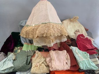 Lot Of Assorted Silk Fabric, Velvets, & Tray Of Antique Doll Clothes