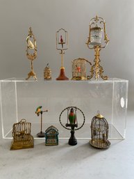 10 Early Miniature Bird Cages & Birds On Perches/stands