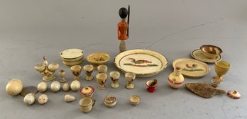 Lot Of Early Miniature Paint Decorated Wooden Ware, Plates, Bowls, Goblets, Cups, 2-piece Tiny Eggs, Etc