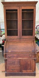 Oak,  Barrel-roll 2-part Secretary With Fitted Interior