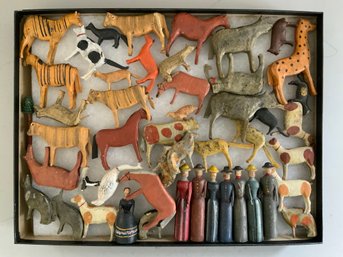 Lot Of 46 Early Small Carved Wood & Painted Animals