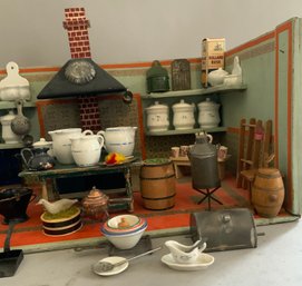 German Kitchen Room Box With Early Kitchen Related Miniature Accessories
